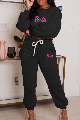 Black Casual Letter Print Basic O Neck Long Sleeve Two Pieces