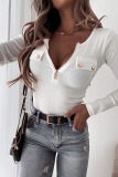White Casual Solid Patchwork Zipper Collar Tops