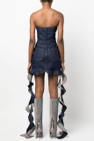Blue Sexy Casual Solid Backless Strapless Sleeveless Skinny Denim Dresses