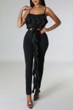 Black Sexy Casual Solid Tassel Backless Spaghetti Strap Tops