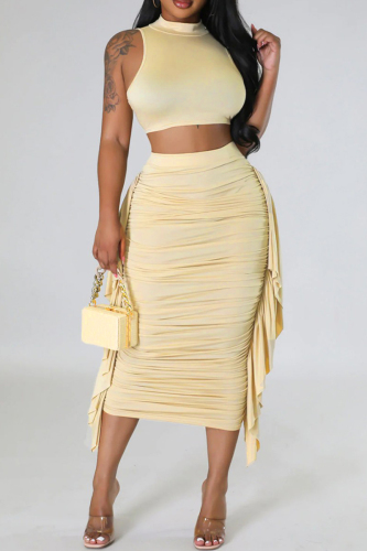 Apricot Casual Solid Patchwork Fold Half A Turtleneck Sleeveless Two Pieces