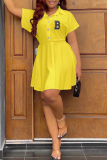 Yellow Casual Letter Print Patchwork Turndown Collar Short Sleeve Dress