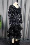 Black Formal Patchwork Sequins V Neck Trumpet Mermaid Dresses