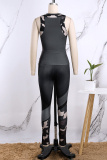 Black Casual Daily Print Patchwork O Neck Sleeveless Two Pieces