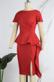 Red Casual Solid Backless Flounce Slit O Neck One Step Skirt Dresses