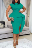 Green Casual Solid Backless Flounce Slit O Neck One Step Skirt Dresses