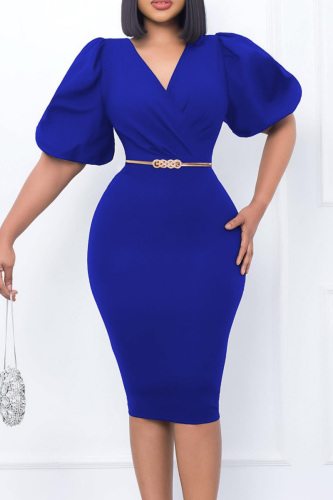 Royal Blue Casual Solid Patchwork V Neck Wrapped Skirt Dresses