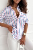 Blue Casual Striped Print Patchwork Shirt Collar Tops