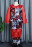 Red Casual Print Hollowed Out Patchwork O Neck One Step Skirt Dresses