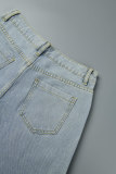 Light Blue Casual Patchwork Hollowed Out Mid Waist Regular Denim Jeans (Subject To The Actual Object)