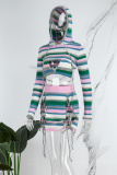 Green Sexy Casual Striped Chains Hooded Collar Long Sleeve Three Piece Set
