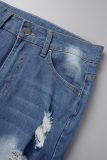 Blue Casual Patchwork Ripped High Waist Regular Denim Jeans