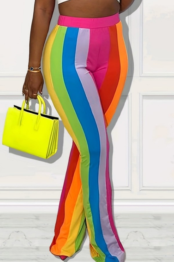 Multicolor Plus Size Women Rainbow Multicolor Striped Pants Trousers