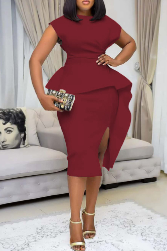 Burgundy Casual Solid Backless Flounce Slit O Neck One Step Skirt Dresses
