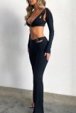 Black Sexy Casual Solid Hollowed Out Backless V Neck Long Sleeve Two Pieces