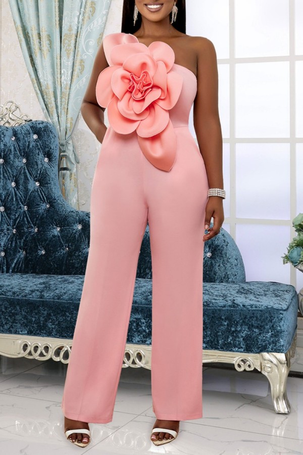 Pink Sexy Casual Solid Patchwork Oblique Collar Skinny Jumpsuits