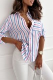 Blue Casual Striped Print Patchwork Shirt Collar Tops