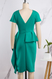 Green Casual Solid Backless Flounce Slit O Neck One Step Skirt Dresses
