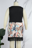 Black Casual Print Patchwork U Neck Vest Dress Plus Size Dresses