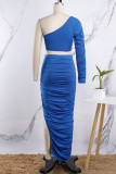 Blue Casual Solid Slit Fold Oblique Collar Long Sleeve Two Pieces