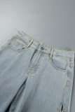 Light Blue Casual Patchwork Hollowed Out Mid Waist Regular Denim Jeans (Subject To The Actual Object)