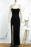 Black Sexy Casual Solid Backless Slit Spaghetti Strap Long Dress Dresses