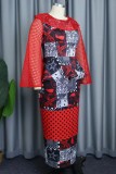 Red Casual Print Hollowed Out Patchwork O Neck One Step Skirt Dresses