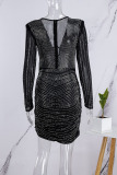 Black Sexy Patchwork Hot Drill V Neck Long Sleeve Dresses