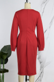 Red Casual Solid Patchwork O Neck Long Sleeve Dresses