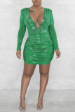 Green Sexy Patchwork Hot Drill V Neck Long Sleeve Dresses