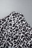 White Casual Print Leopard Patchwork V Neck Long Sleeve Dresses