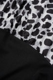 White Casual Print Leopard Patchwork V Neck Long Sleeve Dresses