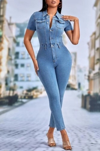 Light Blue Casual Solid Patchwork Turndown Collar Short Sleeve Skinny Denim Jumpsuits