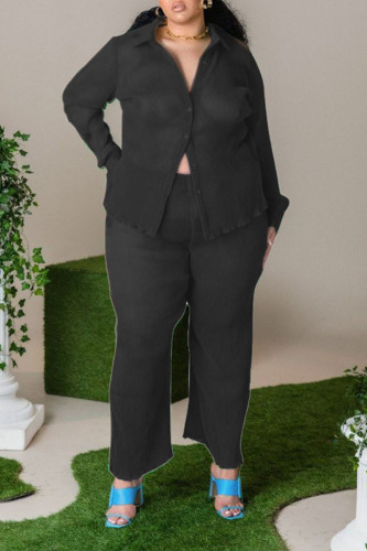 Black Casual Solid Patchwork Buckle Turndown Collar Plus Size Two Pieces