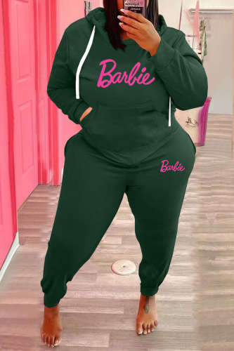 Army Green Casual Letter Print Basic Hooded Collar Plus Size Two Pieces