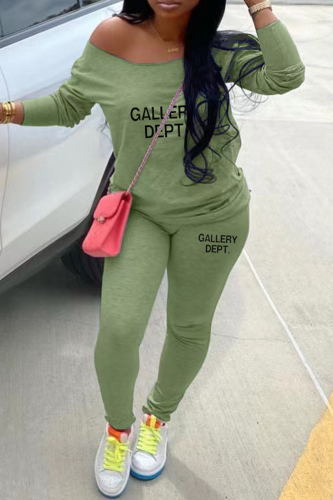Green Casual Letter Print Basic O Neck Long Sleeve Two Pieces