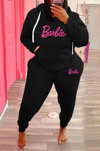 Black Casual Letter Print Basic Hooded Collar Plus Size Two Pieces