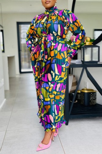 Green Casual Print Patchwork Fold Turtleneck Long Sleeve Dresses