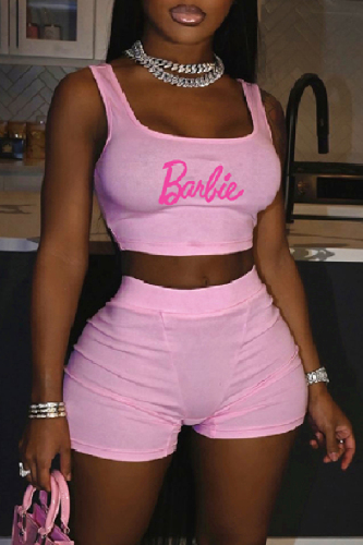 Pink Casual Letter Print Basic U Neck Sleeveless Two Pieces
