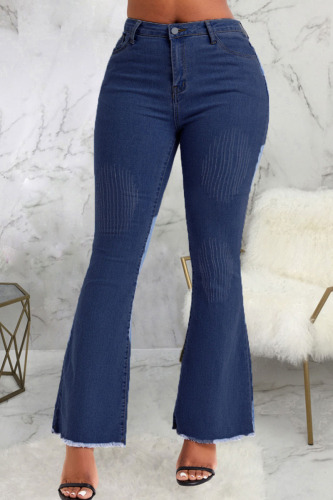 Blue Casual Solid Patchwork High Waist Denim Jeans