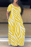 Black Yellow Casual Print Basic V Neck Short Sleeve Dress Dresses