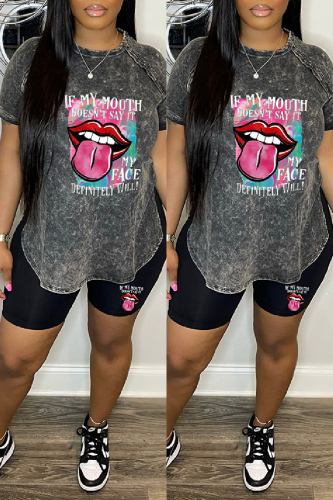 Black Casual Print Basic O Neck Short Sleeve Two Pieces