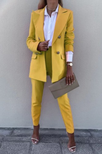 Yellow Casual Solid Cardigan Pants Turn-back Collar Long Sleeve Two Pieces