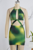 Green Sexy Print Bandage Hollowed Out Backless O Neck Sleeveless Dress Dresses