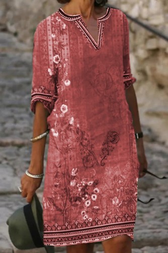 Red Casual Print Patchwork V Neck A Line Dresses