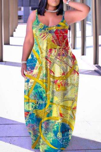 Yellow Sexy Casual Print Backless Spaghetti Strap Long Dress Dresses