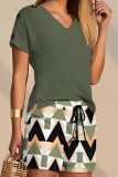 Army Green Casual Print Patchwork V Neck Short Sleeve Two Pieces