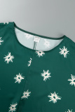 Green Casual Print Patchwork Slit O Neck Long Dress