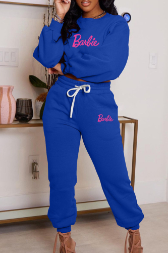 Blue Casual Letter Print Basic O Neck Long Sleeve Two Pieces