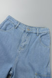 Light Blue Casual Solid Patchwork High Waist Regular Denim Jeans